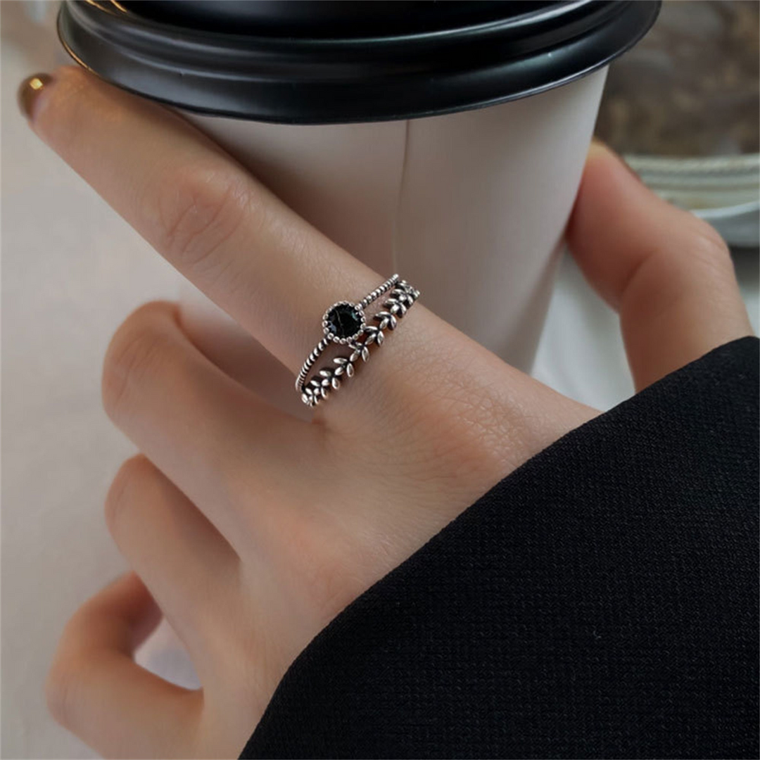 Bague en Argent Sterling Feuille Onyx