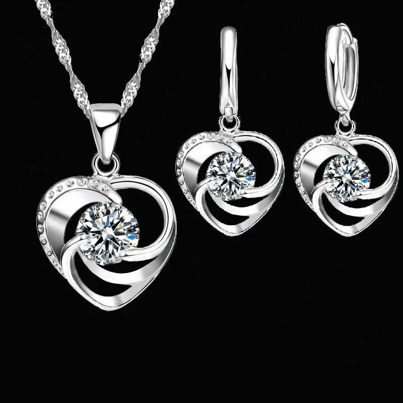 Collier et Boucles d'Oreilles en Argent Sterling en Forme de Cœur
